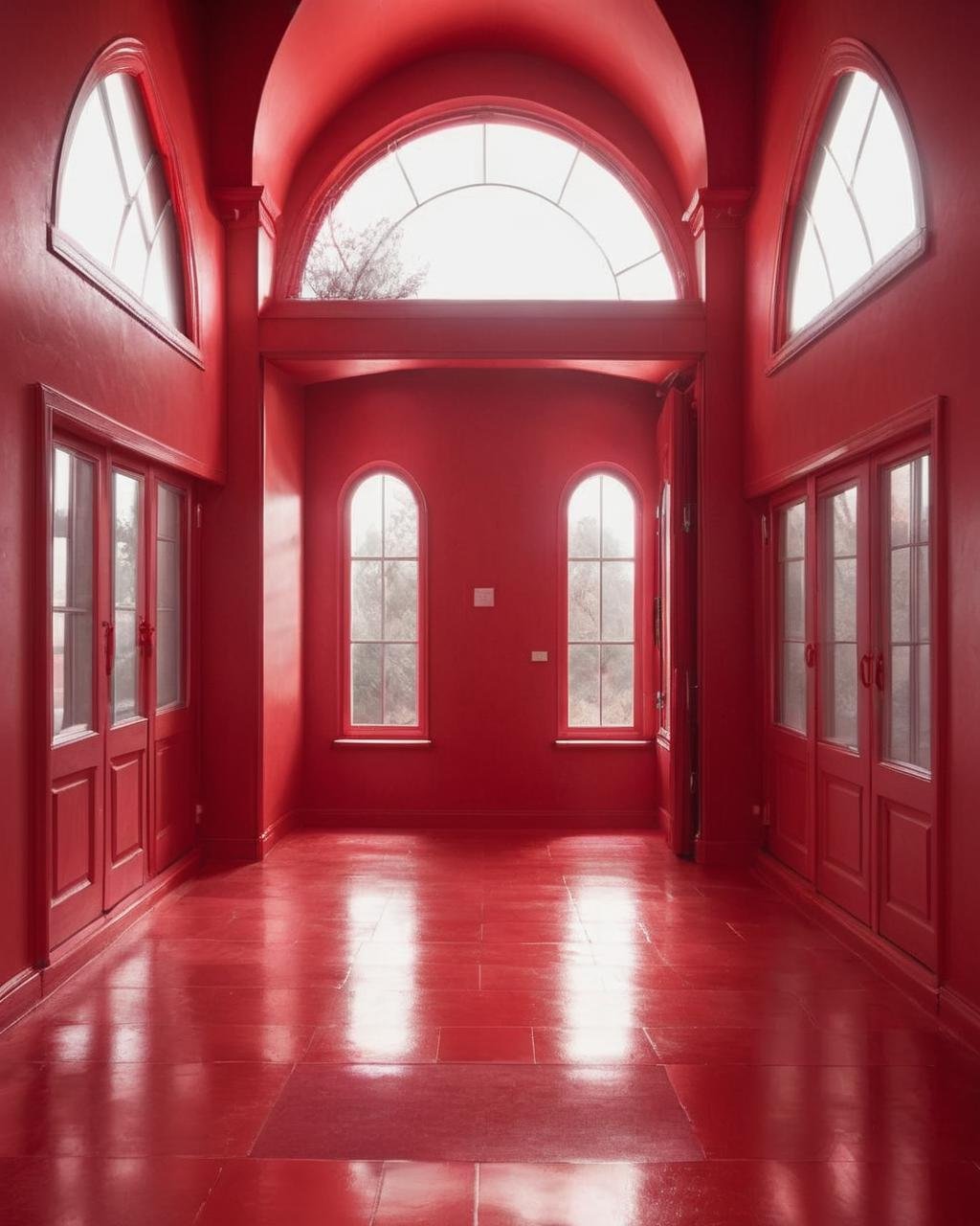 a red hallway with arched windows and a red floor , indoors, no humans, window, scenery, light particles, stairs, door, light, red theme, hallway