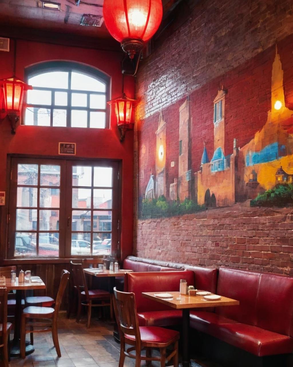 indoors, no humans, window, chair, traditional media, table, scenery, lamp , a restaurant with a brick wall and a mural on the wall , 1girl, solo, indoors, chair, statue, painting (object) , a small wooden building with red lights on it