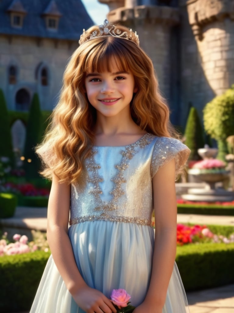 ((hermione11granger)), photo of young girl, bangs, brown hair, wavy hair, smile, princess dress, wearing princess tiara, standing, castle garden, fantasy setting, photorealistic, UHD, extremely detailed, masterpiece, realistic lighting, natural textures, high-resolutipn details