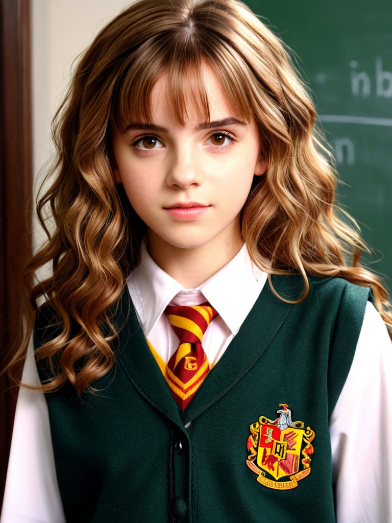 (hermione11granger), photo of young girl, brown hair, wavy hair, standing, school uniform, photorealistic, UHD, extremely detailed, masterpiece, realistic lighting, natural textures, high-resolutipn details