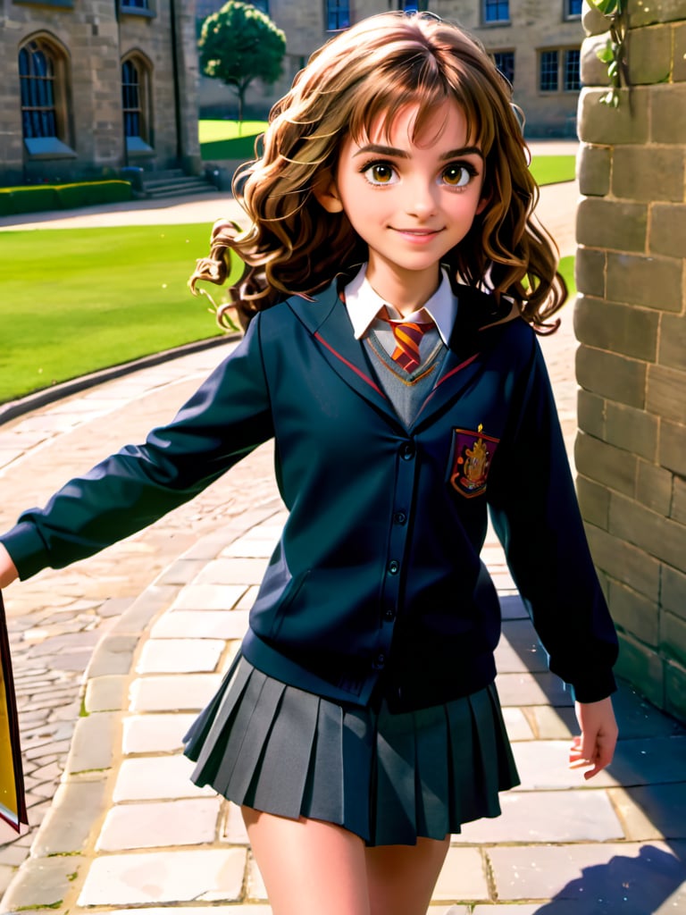 (hermione11granger), young girl, brown hair, wavy hair, smile, school uniform, UHD, extremely detailed, masterpiece, high-resolutipn details