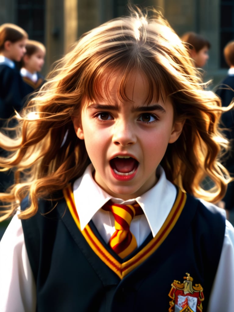 (hermione11granger), photo of young girl, brown hair, wavy, shouting, angry, school uniform, photorealistic, UHD, extremely detailed, masterpiece, realistic lighting, natural textures, high-resolutipn details