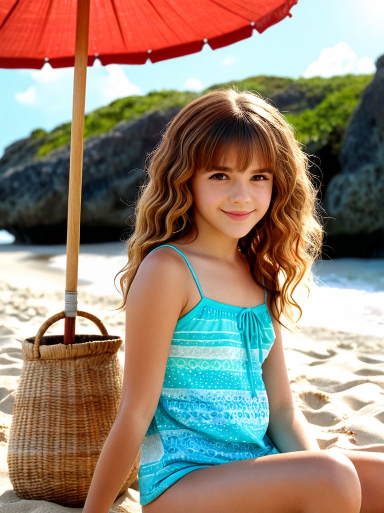 ((hermione11granger)), photo of preteen girl, age 11, bangs, brown hair, wavy hair, smile, at the beach, under a parasol, photorealistic, UHD, extremely detailed, masterpiece, realistic lighting, natural textures, high-resolutipn details