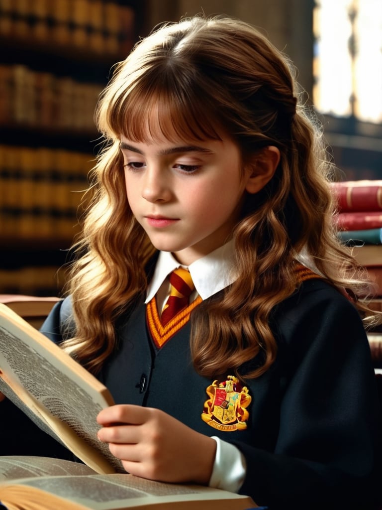 (hermione11granger), photo of young girl, brown hair, wavy hair, sitting, reading a book, school uniform, photorealistic, UHD, extremely detailed, masterpiece, realistic lighting, natural textures, high-resolutipn details