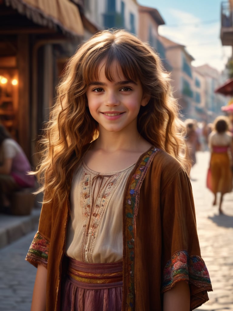 (hermione11granger), photo of young girl, bangs, brown hair, wavy hair, smile, gypsie clothes, standing, in town, fantasy setting, photorealistic, UHD, extremely detailed, masterpiece, realistic lighting, natural textures, high-resolutipn details