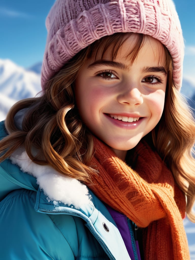 ((hermione11granger)), photo of preteen girl, age 11, bangs, brown hair, wavy hair, smile, teeth, winter clothes, beanie, in a snow resort, photorealistic, UHD, extremely detailed, masterpiece, realistic lighting, natural textures, high-resolutipn details