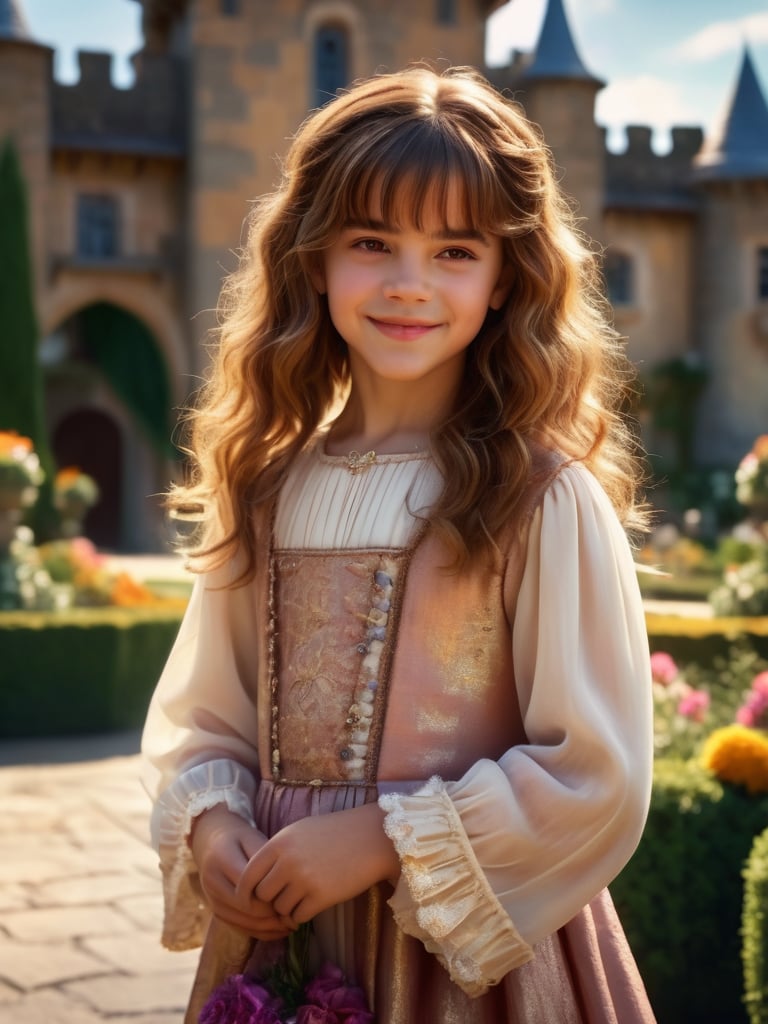 ((hermione11granger)), photo of young girl, bangs, brown hair, wavy hair, smile, dress, tiara, standing, castle garden, fantasy setting, photorealistic, UHD, extremely detailed, masterpiece, realistic lighting, natural textures, high-resolutipn details