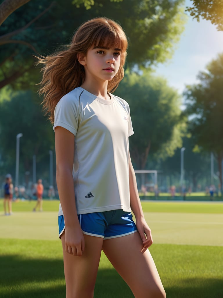 (hermione11granger), photo of young girl, bangs, brown hair, wavy hair, sports wear, shorts, park, grass, photorealistic, UHD, extremely detailed, masterpiece, realistic lighting, natural textures, high-resolutipn details