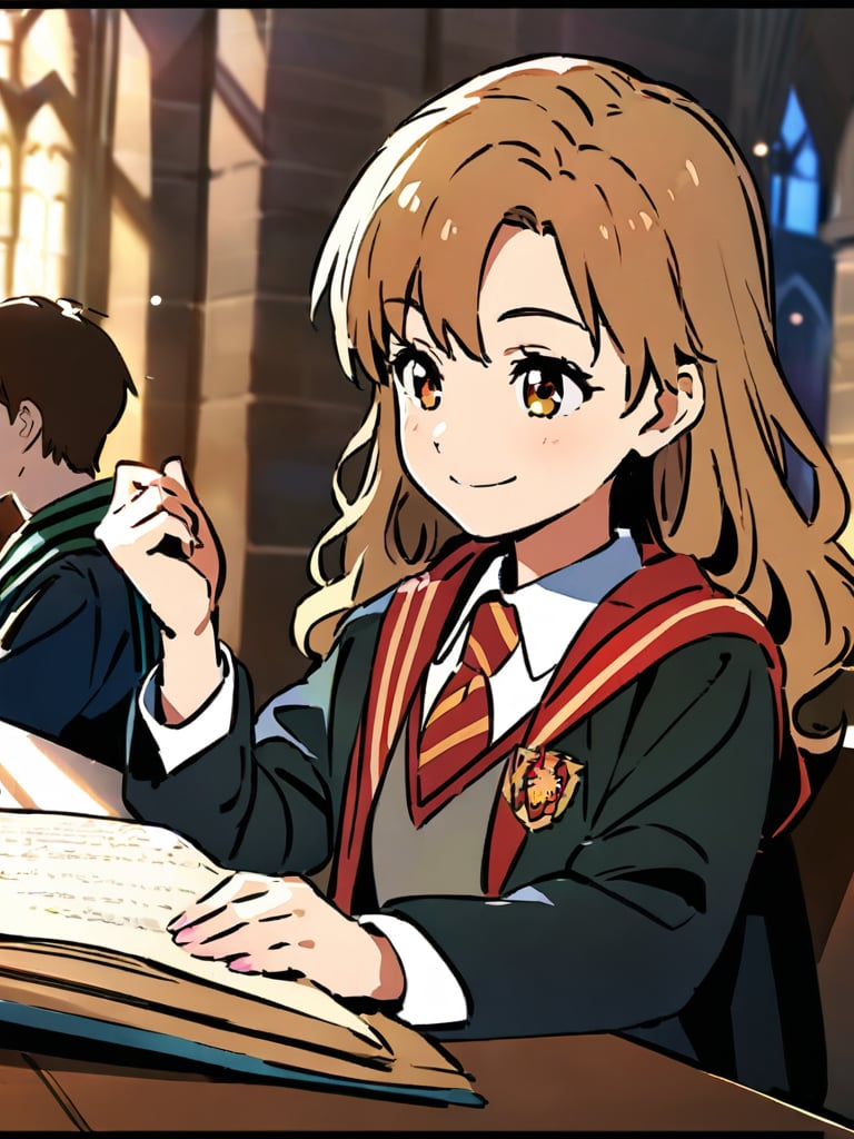 ((hermione11granger)), young girl, 11yr old, brown hair, wavy hair, smile, hogwarts, school uniform, UHD, extremely detailed, masterpiece, high-resolutipn details