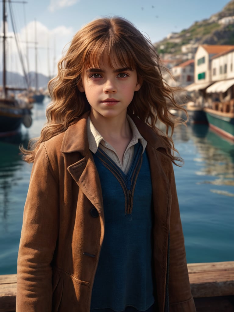 (hermione11granger), photo of young girl, bangs, brown hair, wavy hair, adventurer clothes, standing, at port, fantasy setting, photorealistic, UHD, extremely detailed, masterpiece, realistic lighting, natural textures, high-resolutipn details