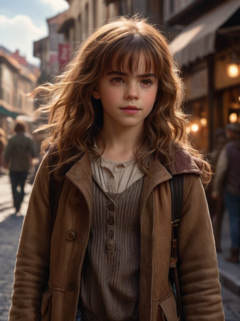 (hermione11granger), photo of young girl, bangs, brown hair, wavy hair, adventurer clothes, standing, in town, fantasy setting, photorealistic, UHD, extremely detailed, masterpiece, realistic lighting, natural textures, high-resolutipn details