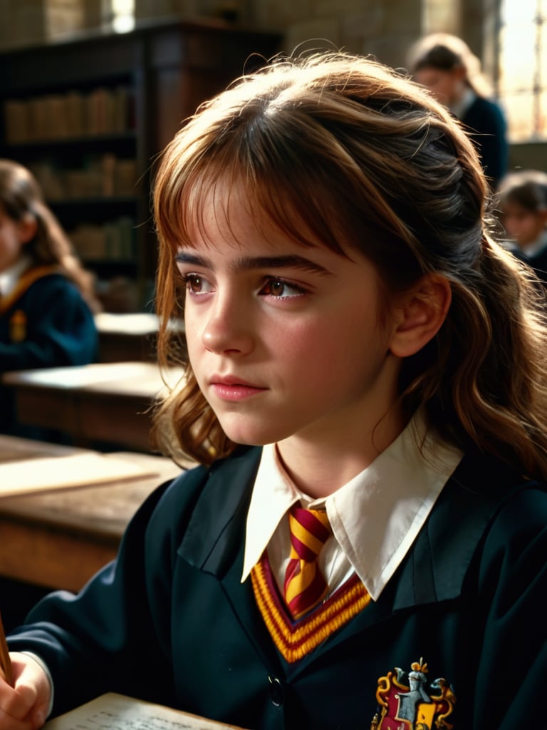 (hermione11granger), solo, photo of young girl, brown hair, wavy, crying, sobbing, tears, school uniform, in potions classroom, photorealistic, UHD, extremely detailed, masterpiece, realistic lighting, natural textures, high-resolutipn details