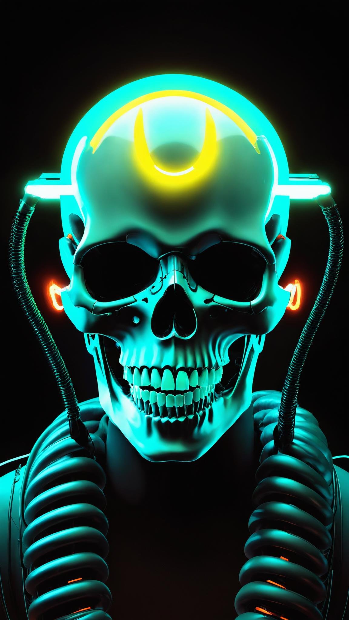 solo, teeth, glowing, black_background, science_fiction, skull, cable, tube