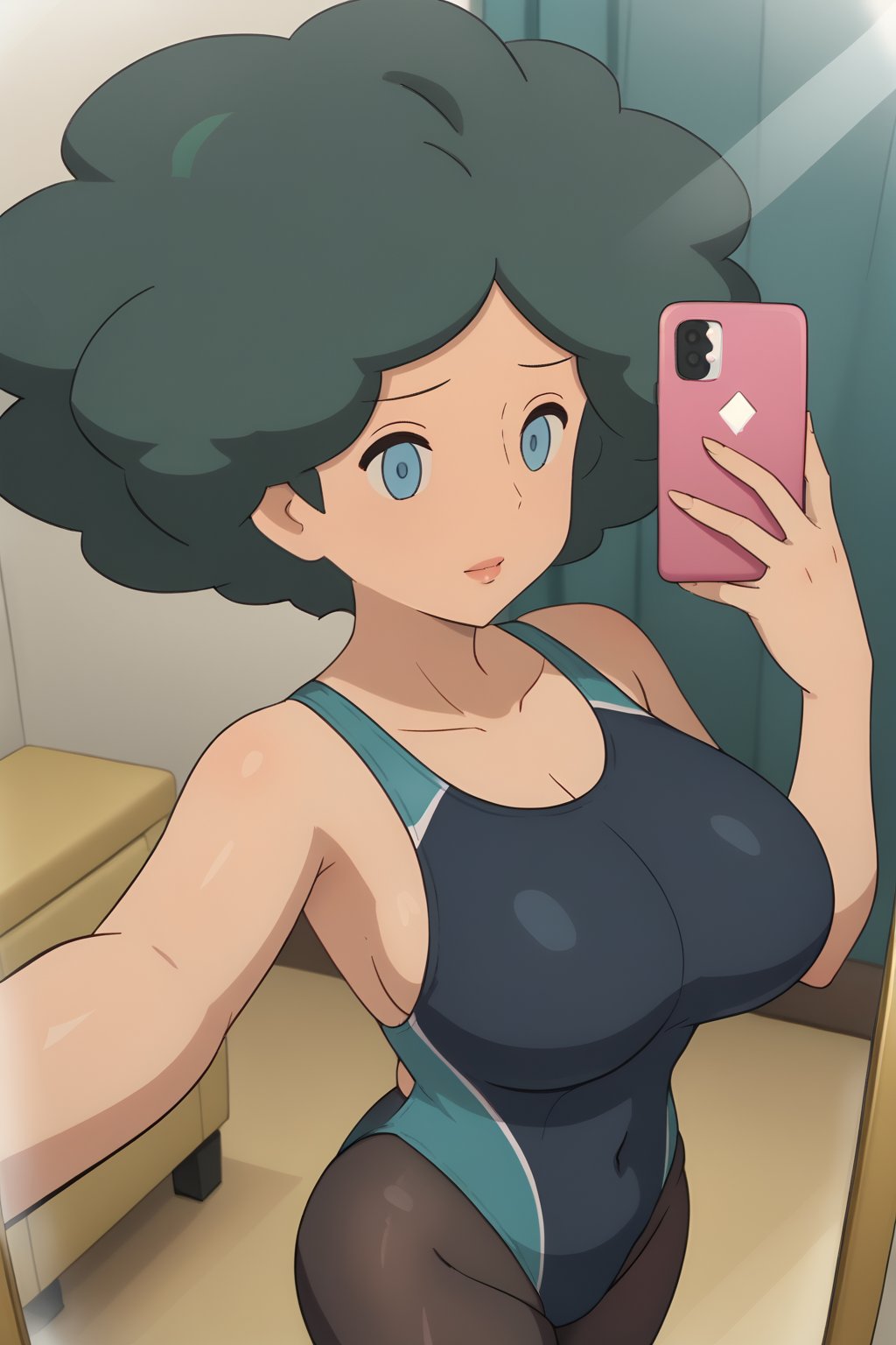 (1girl, solo,Olivia, green hair,curvy body,  blue eyes, no pupils, afro, competition swimsuit, (black pantyhose),taking a selfie on a mirror)