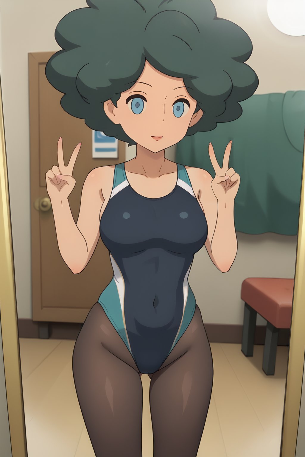 (1girl, solo,Olivia, green hair, blue eyes, no pupils, afro, competition swimsuit, black pantyhose, taking selfie on a mirror, peace sign)