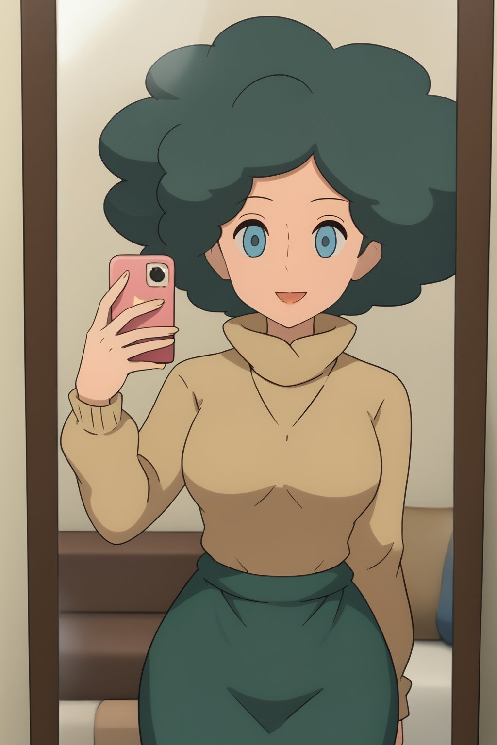 (1girl, solo,Olivia, green hair, turtleneck_sweater, long sweater, blue eyes, no pupils, jewelry, afro, green skirt, taking selfie on a mirror,happy)