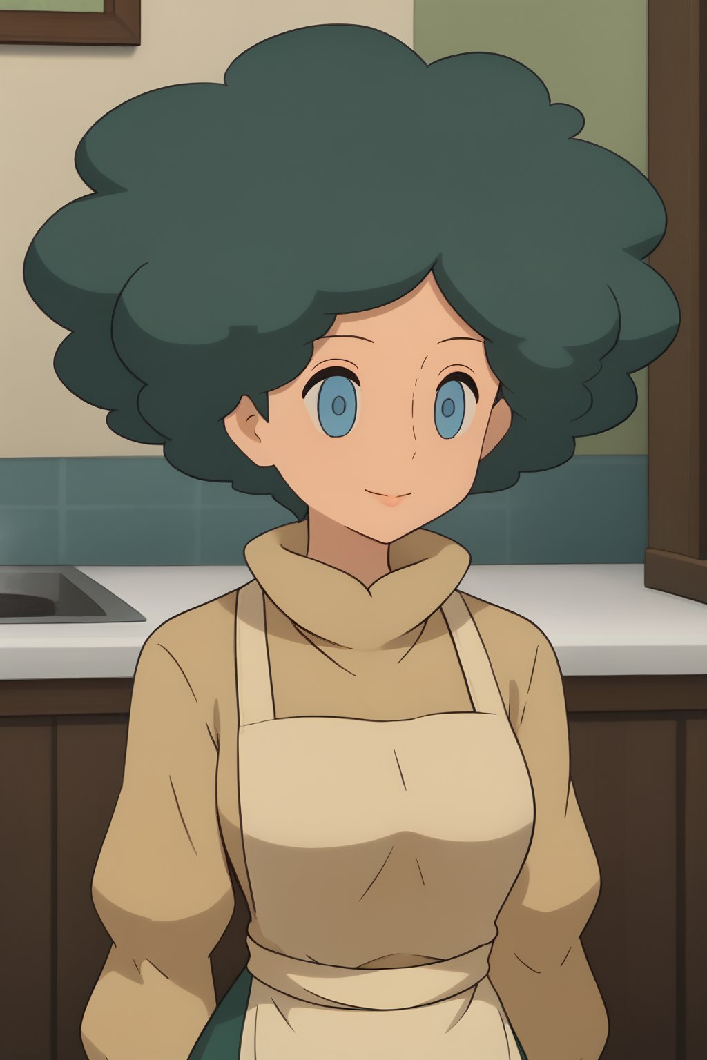 (1girl, solo,Olivia, green hair, short hair,  blue eyes, no pupils, afro,happy, closed mouth, turtleneck_sweater, long sweater, green skirt, (white apron), brown boots),SFW