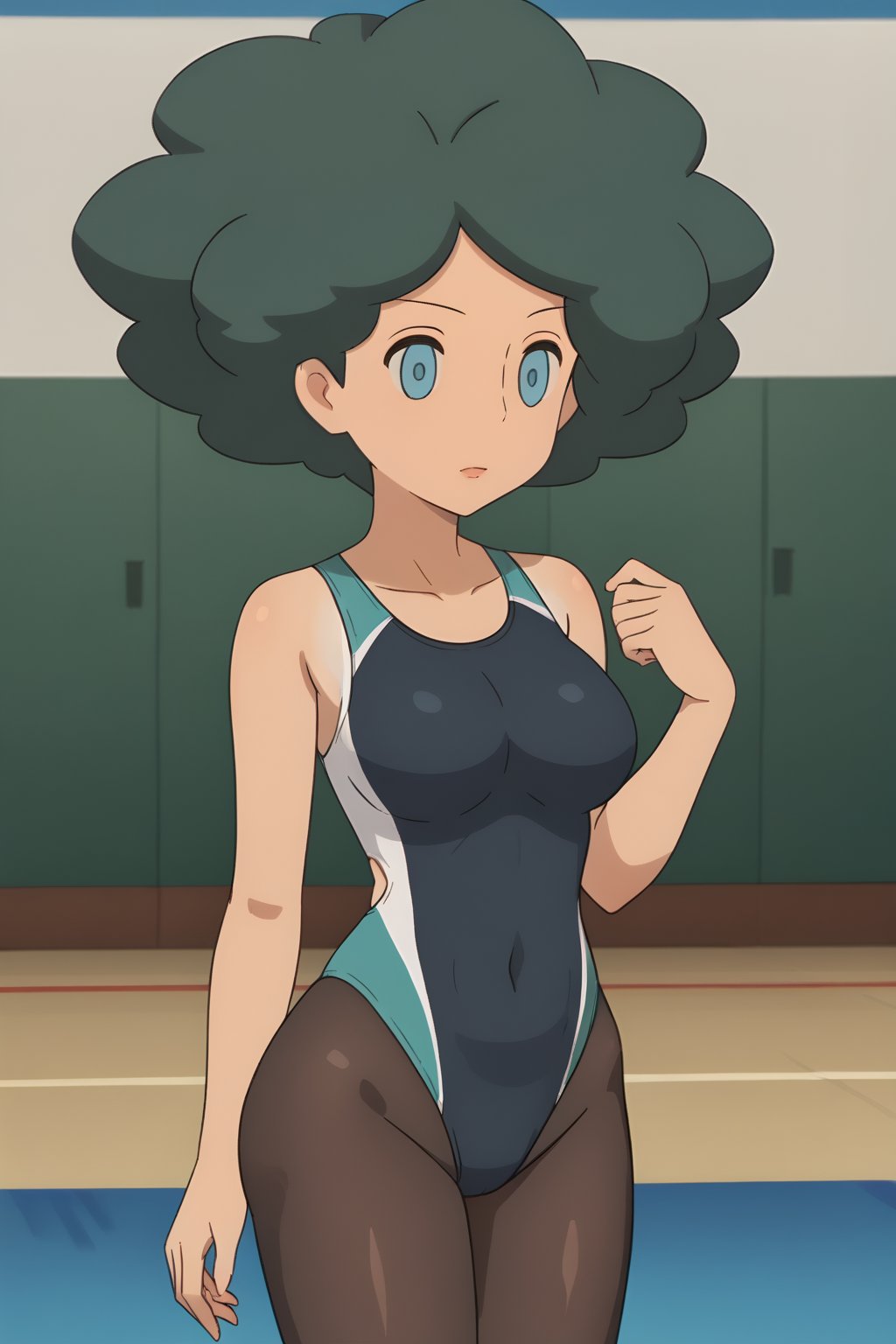 (1girl, solo,Olivia, green hair, blue eyes, no pupils, afro, competition swimsuit, black pantyhose)