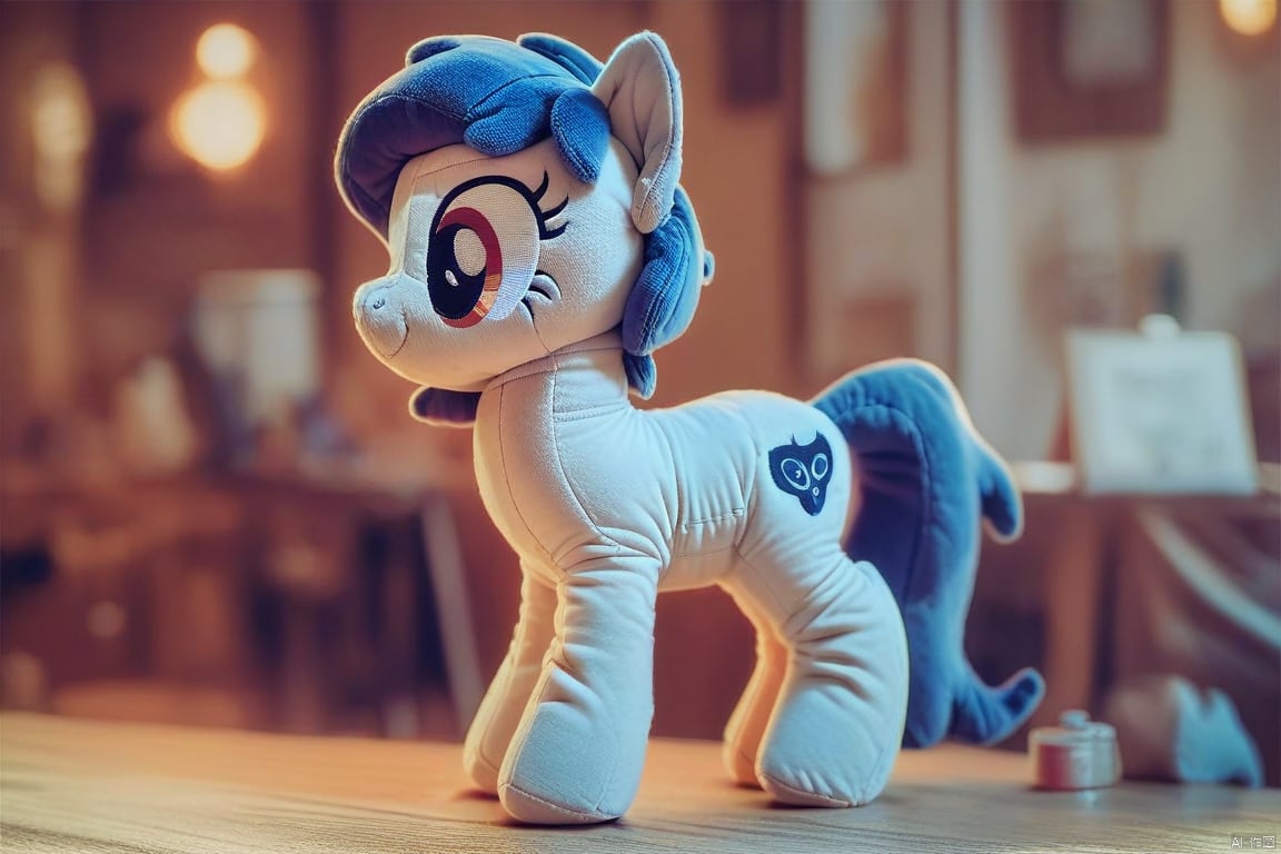 score_9, score_8_up, score_7_up, score_6_up, score_5_up, score_4_up, score_9, a photo of feral pony plushie standing on a real table