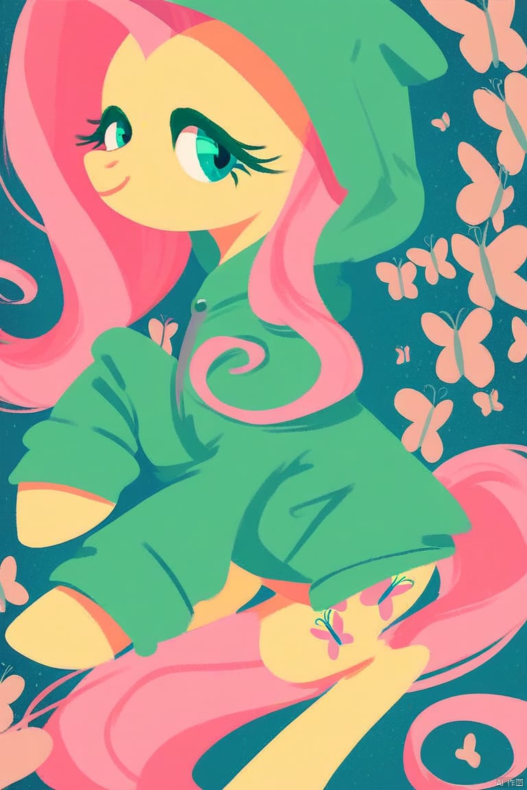 score_9, score_8_up, score_7_up, score_6_up, score_5_up, score_4_up, rating_safe, minimalist lineless art, pony, fluttershy, (wearing a green hoodie)