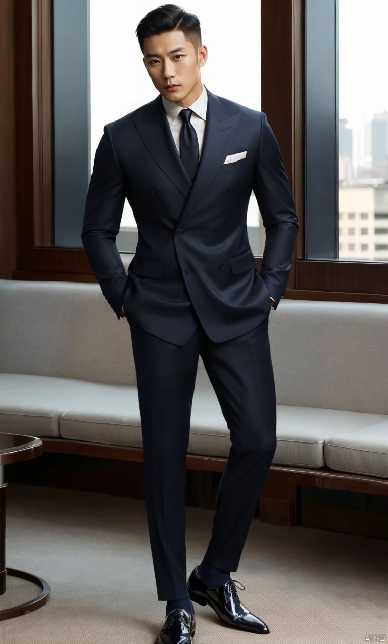  1man,Asian,solo,male focus,exquisite facial features,handsome,charming,muscular,(black suit),pants,(navy shiny sheer socks),footwear,in hotel ,window,masterpiece,realistic,best quality,highly detailed, jzns,  jznssw