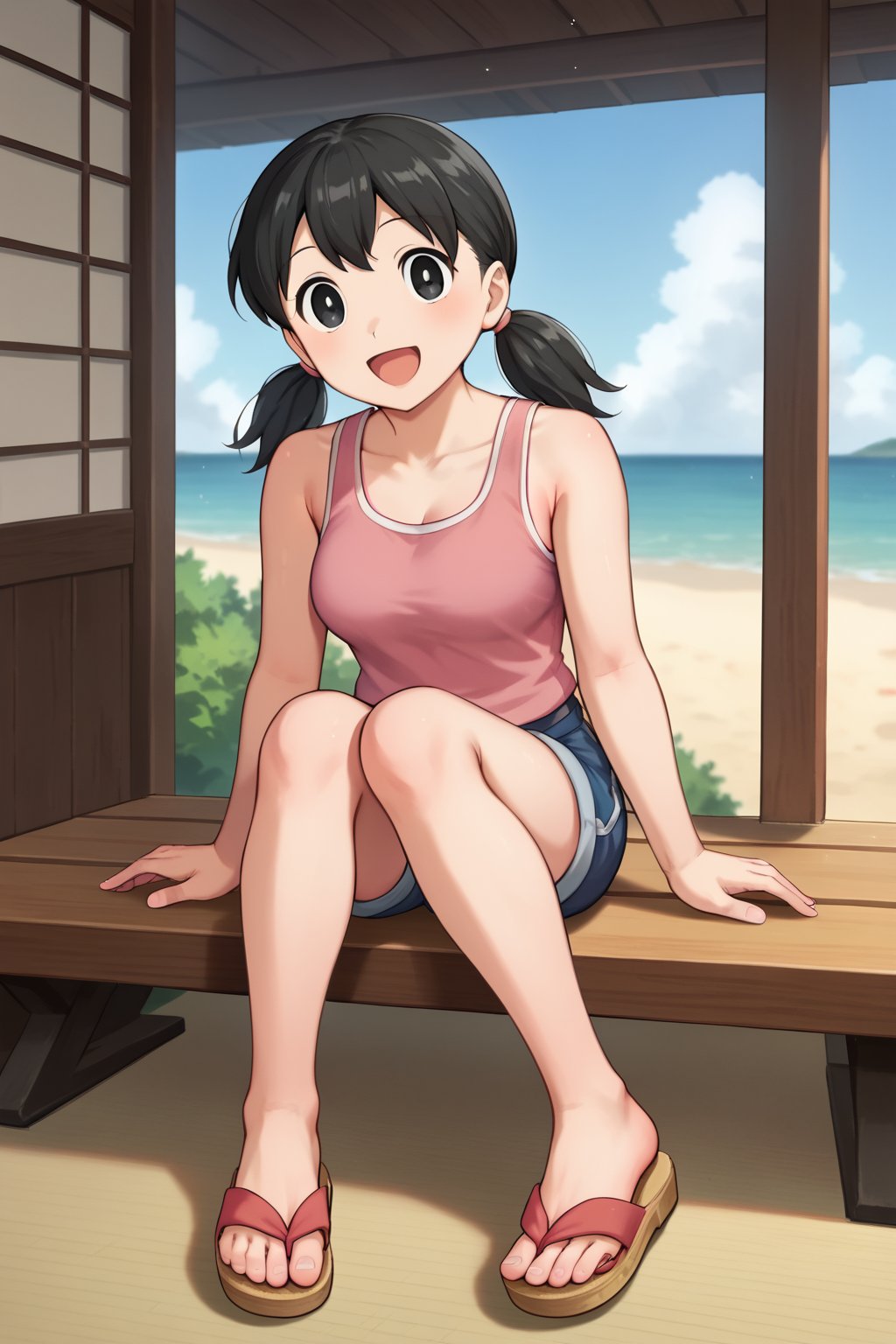 (1girl, solo, Shizuka_minamoto, black hair,black eyes, twintails,pink tank top, navy blue shorts, sandals, sitting, looking at viewer,happy),score_9,SFW