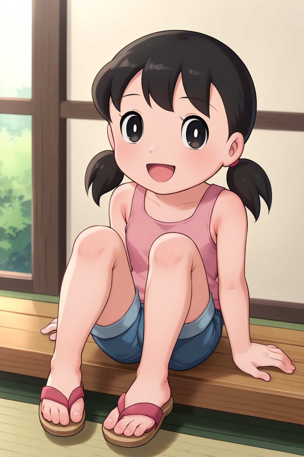 (1girl, solo, Shizuka_minamoto, loli, black hair,black eyes, twintails,pink tank top, navy blue shorts, sandals, sitting, looking at viewer,happy),score_9,SFW