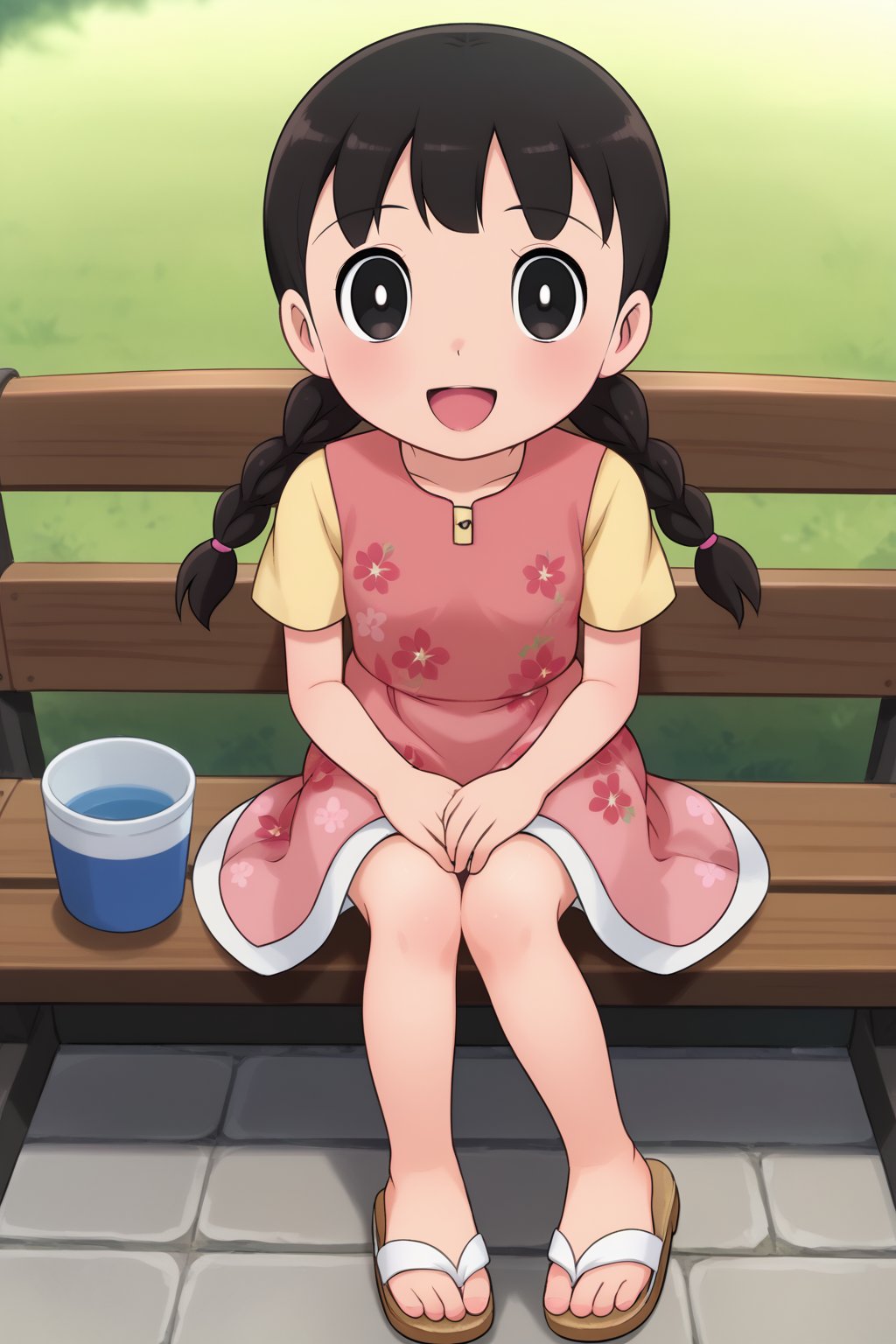 (1girl, solo, Shizuka_minamoto, loli, black hair,black eyes, twinbraids, dress with floral print, sandals, sitting, looking at viewer,happy)