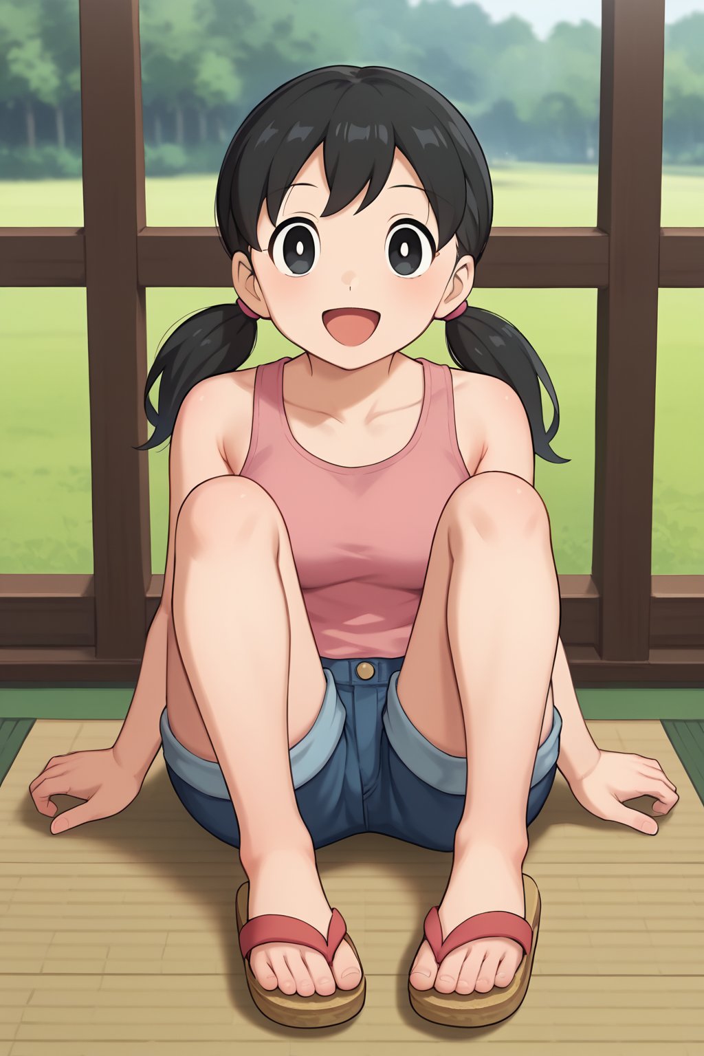 (1girl, solo, Shizuka_minamoto, 10yo, black hair,black eyes, twintails,pink tank top, navy blue shorts, sandals, sitting, looking at viewer,happy),score_9,SFW