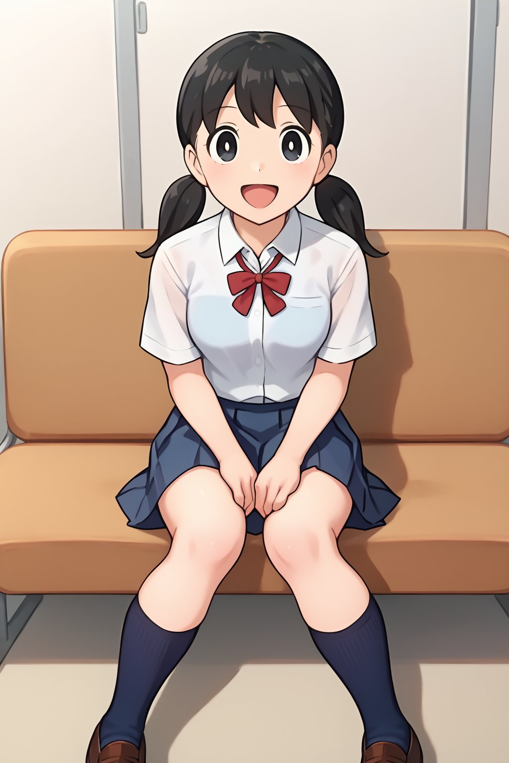 (1girl, solo, Shizuka_minamoto, black hair,black eyes, twintails,school uniform, collared shirt, white shirt, blue skirt, blue socks, brown footwear, sitting, looking at viewer,happy),score_9,SFW