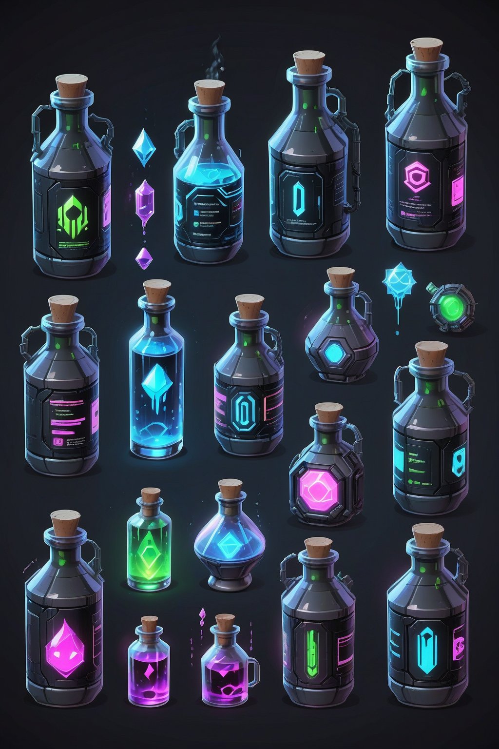 Array of cyberpunk style advanced technology potion bottles, Each item is an independent entity, Arranged in 2D game prop style, No overlapping, Solid gray-black background for easy clipping, High quality, Detailed, 2D style, Game asset, Each potion bottle has unique design, Cyberpunk aesthetics
,Crystal style,Cyberpunk