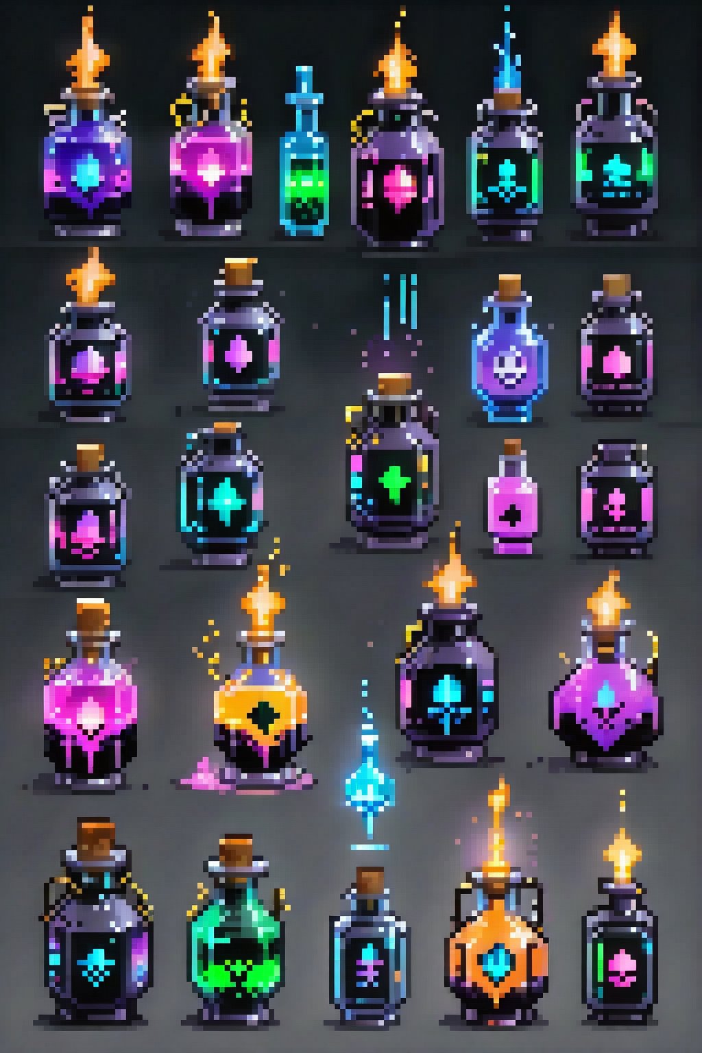 Array of cyberpunk style advanced technology potion bottles in pixel art, Each item is an independent pixelated entity, Arranged in 2D pixel game prop style, No overlapping, Solid gray-black background for easy clipping, High quality, Detailed, Pixelated, Each potion bottle has unique pixel design, Cyberpunk pixel aesthetics