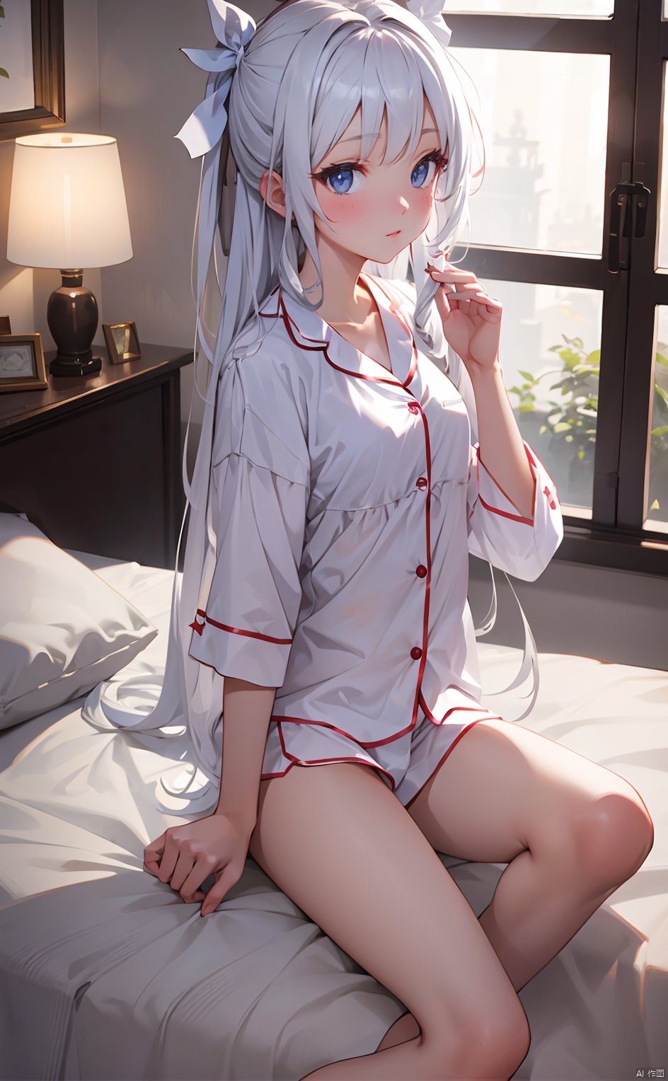 masterpiece,8k,best quality,1girl,solo,((depth of field)),bowknot,long hair,light,room,white ribbon,on bed,pajamas