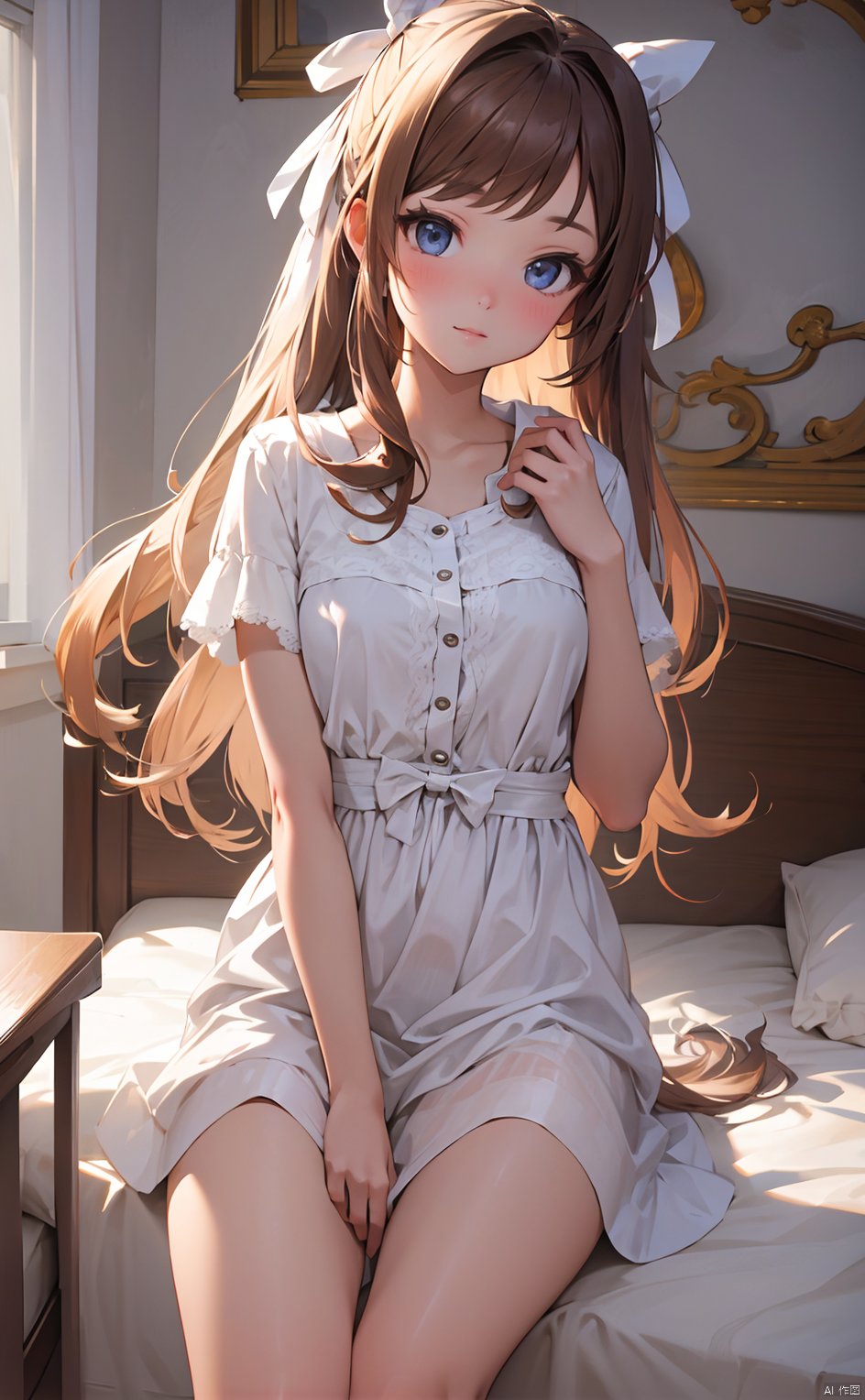 masterpiece,8k,best quality,1girl,solo,((depth of field)),bowknot,long hair,light,room,white ribbon,on bed