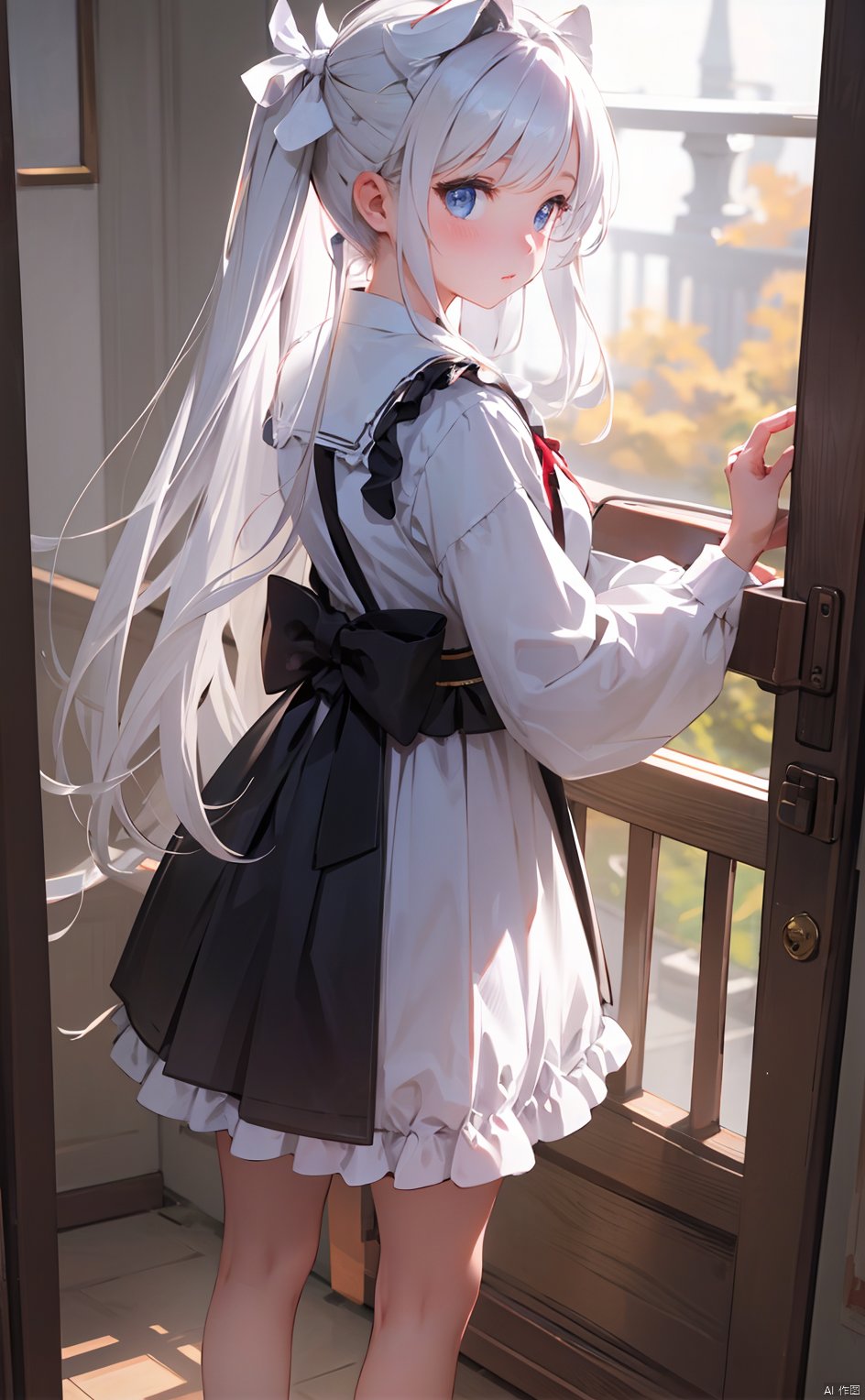 masterpiece,8k,best quality,1girl,solo,((depth of field)),bowknot,long hair,light,room,white ribbon