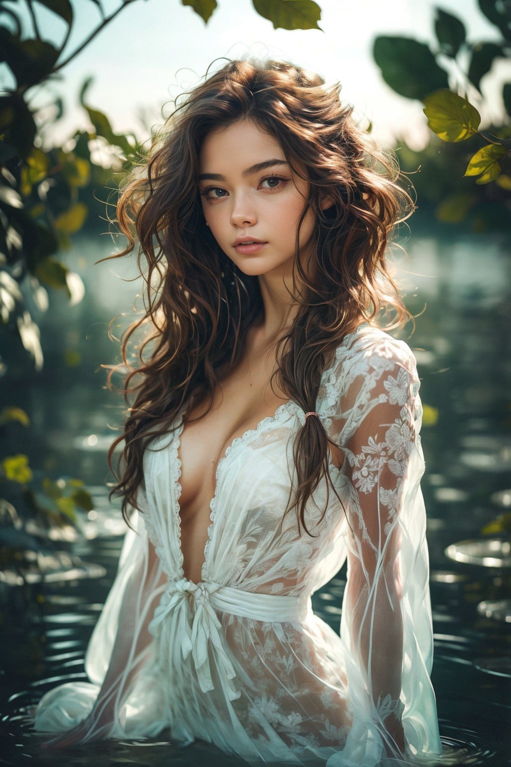 1girl, solo, long hair, looking at viewer, brown hair, dress, parted lips, water, white dress, lips, see-through, leaf, plant, hand on own chest, partially submerged,Close-up portrait