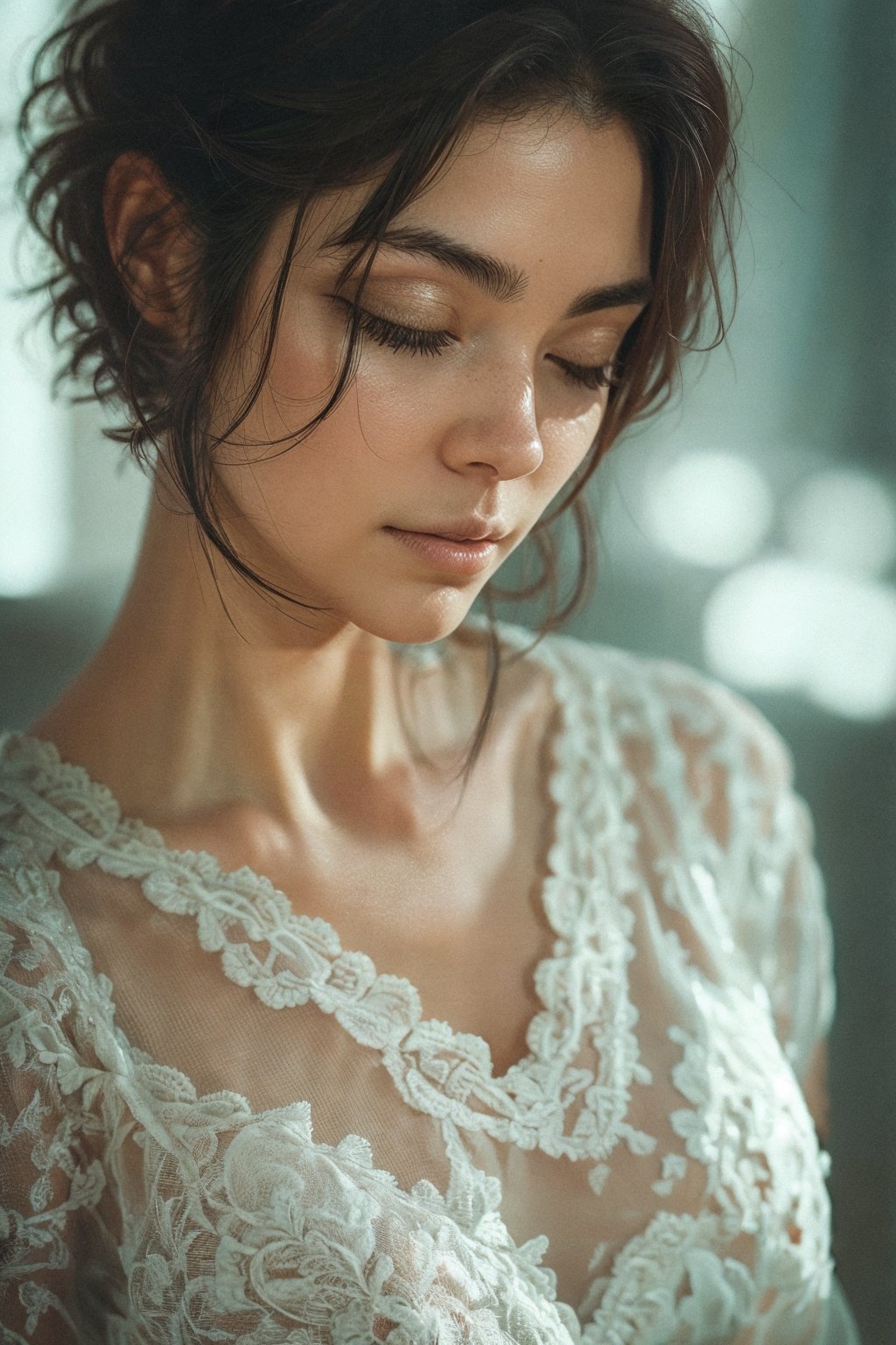 1girl, solo, looking at viewer, short hair, black hair, dress, black dress, lips, bird, realistic, Close-up portrait, Soft focus