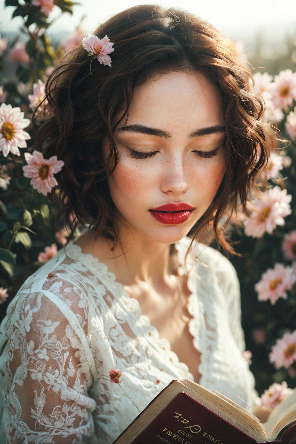 1girl, solo, brown hair, shirt, closed eyes, upper body, flower, lying, parted lips, blurry, lips, book, depth of field, sunlight, nose, red lips, book stack, Close-up portrait, Soft focus