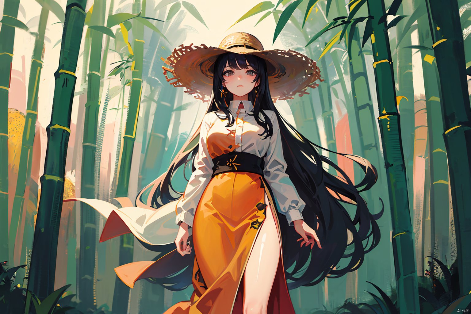  (masterpiece), (highest quality), ultra-high resolution,1girl, long hair, (high-waistskirt),golden earring, (bamboo hat),(side slit:1.3).Bamboo forest, standing