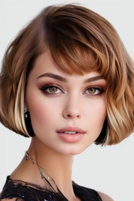 1girl, belviso, black hair, blonde hair, bob cut, brown eyes, brown hair, earrings, lips, long hair, looking at viewer, makeup, portrait, realistic, simple background, solo, teeth