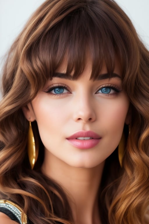 1girl, bangs, belviso, blonde hair, blue eyes, blurry background, brown hair, close-up, collarbone, earrings, lips, long hair, looking at viewer, messy hair, nose, parted lips, portrait, realistic, smile, solo, teeth