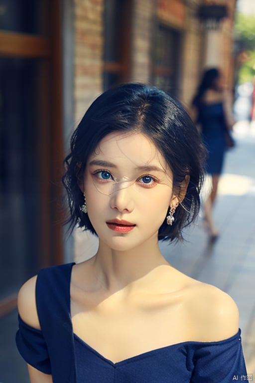  1girl,Bangs, off shoulder, black hair, fullnade,blue dress, blue eyes, chest, earrings, dress, earrings, floating hair, jewelry, sleeveless, short hair,Looking at the observer, parted lips, pierced,energy,electricity,magic,