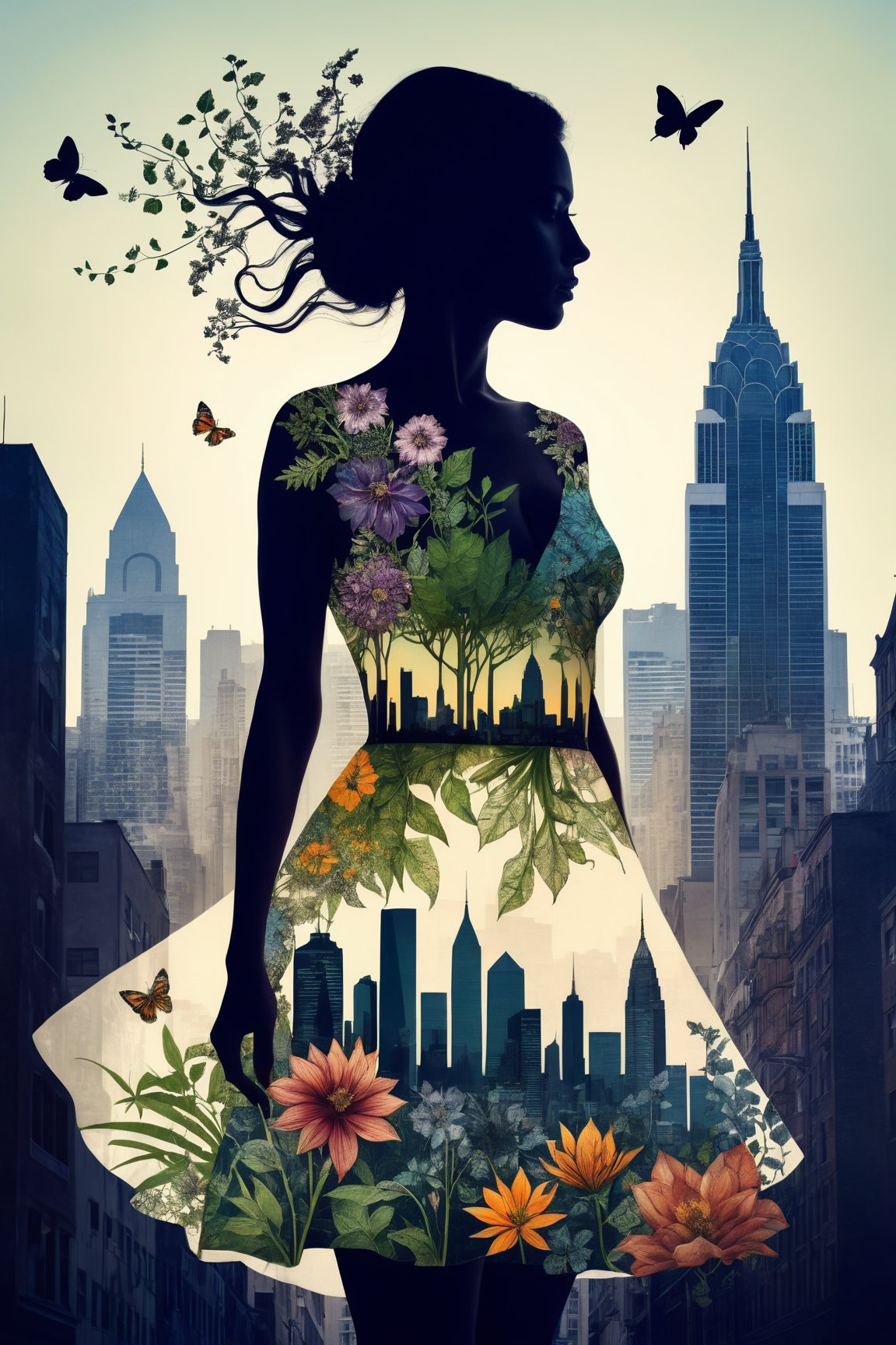 a photograph of a double exposure of a woman standing in front of a city skyline, her silhouette filled with the intricate details of botanical illustrations. The flowers matched her dress, transforming her into a powerful nature goddess with the concrete jungle at her command.