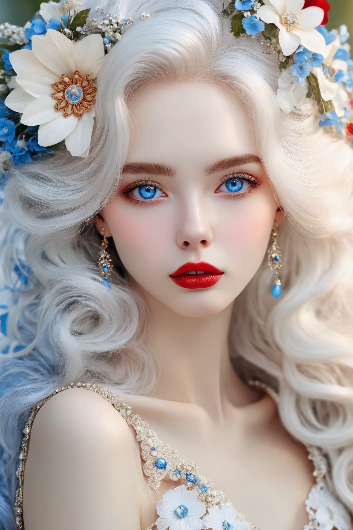 woman, solo, looking at viewer, blue eyes, hair ornament, flower, white hair, hair flower, mole, pale skin, portrait, red lips

