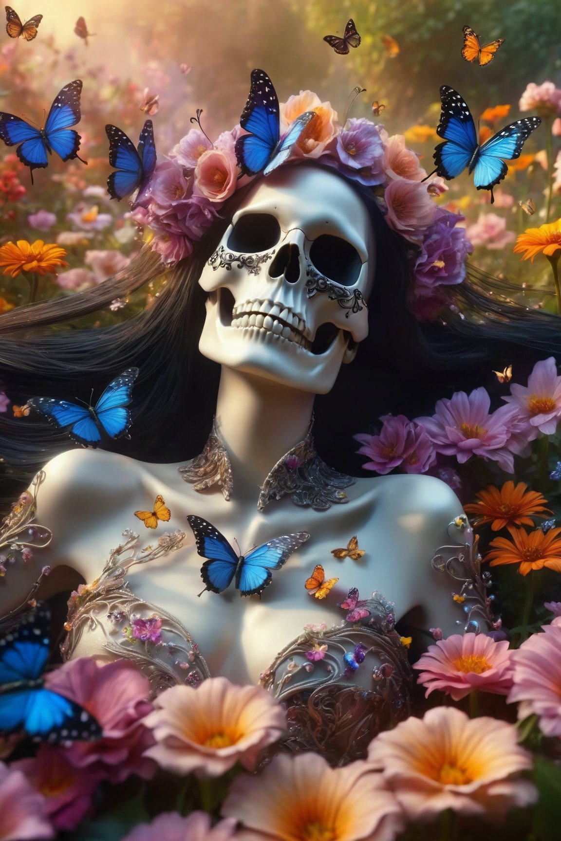 Dreamscape female grim reaper,skull, laughing, laying in flower bed, view from above,covered in flowers,sexy,cute,flower petals falling all around,highly detailed,surrounded by butterflies,butterfly landing, scenic, beautiful,sunrise,morning fog, bokeh,hard shadows, dynamic lighting, hd, best quality,, macro photography, extreme close-ups, intricate details, unseen worlds, capturing texture, emphasizing details, revealing beauty in small things, professional lighting, precise focusing, artistic expression, immersive experience, expert technique . Surreal, ethereal, dreamy, mysterious, fantasy, highly detailed
