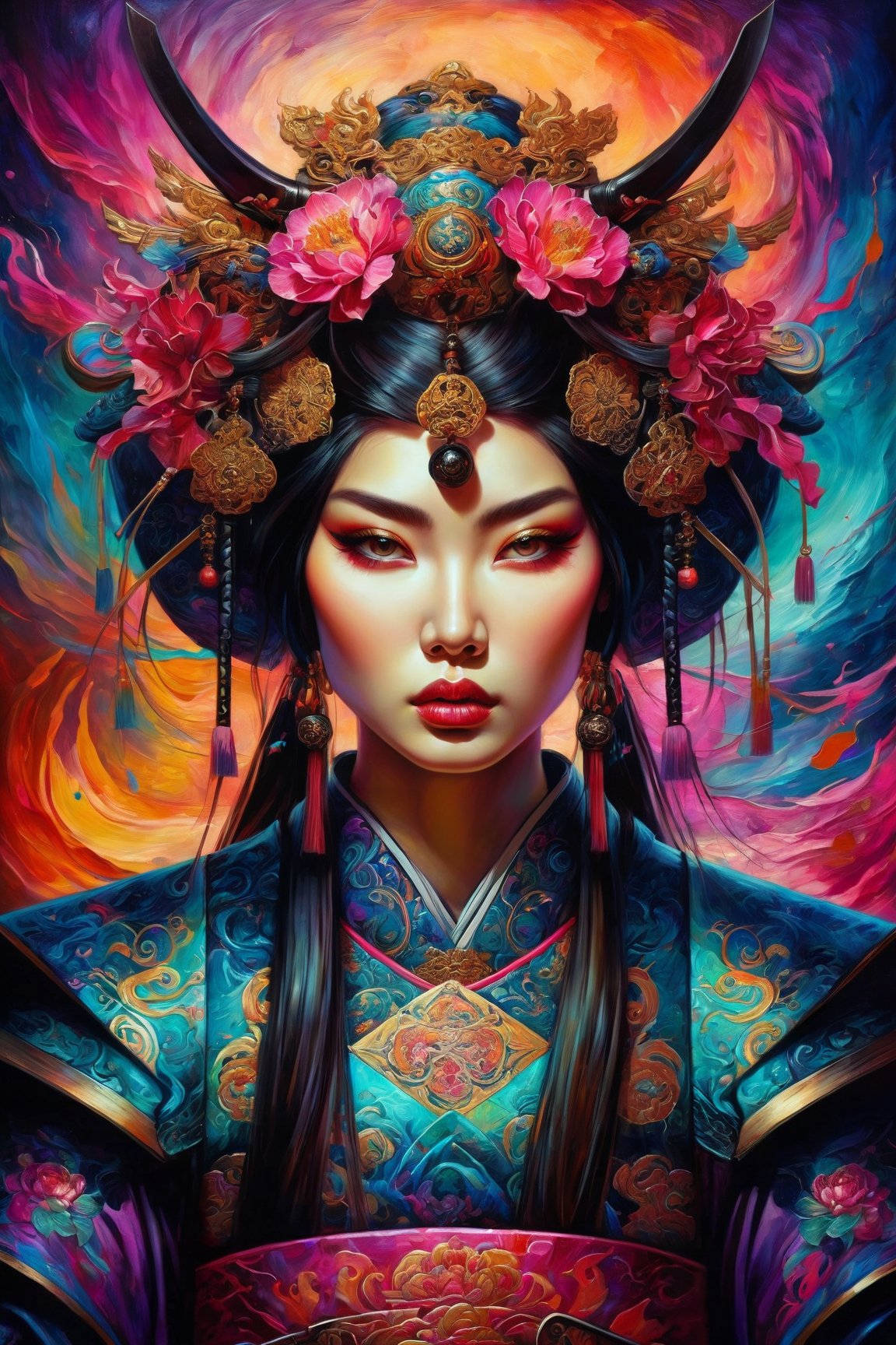 dark art stylized by Tanya Shatseva, Extraordinary Samurai Female Renaissance Person, Eastern background, Surrealism, vibrant colors, dreamlike imagery, symbolic motives, emotional
