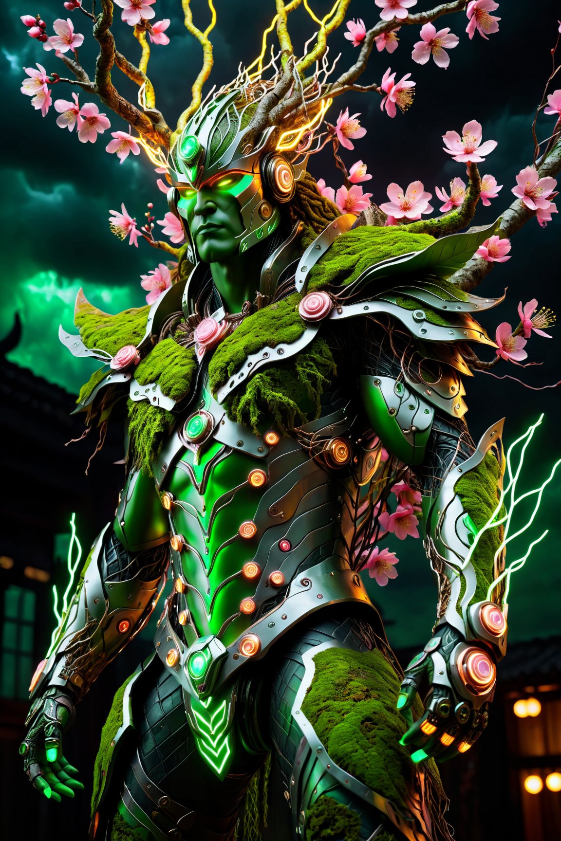 (The king),(Cyberpunk Treeman),metal leaves,wired branches,glowing light eyes,mechanical bark,with moss-covered bark,tribe outfit,(ancient tribal markings),control tendrils extending from the arms,Neon lights dancing on the body,(Lightning around branches and leaves),(peach blossom),Soft and delicate petals,vivd colour,(A harmonious blend of green and pink),(Ominous dark clouds in the sky),Night atmosphere,A futuristic,Vivid colors and high-contrast lighting,Dramatic shadows and highlights.(best quality, 4k, 8k, masterpiece: 1.2), ultra fine, (realistic, photo realistic, photo realistic: 1.37)