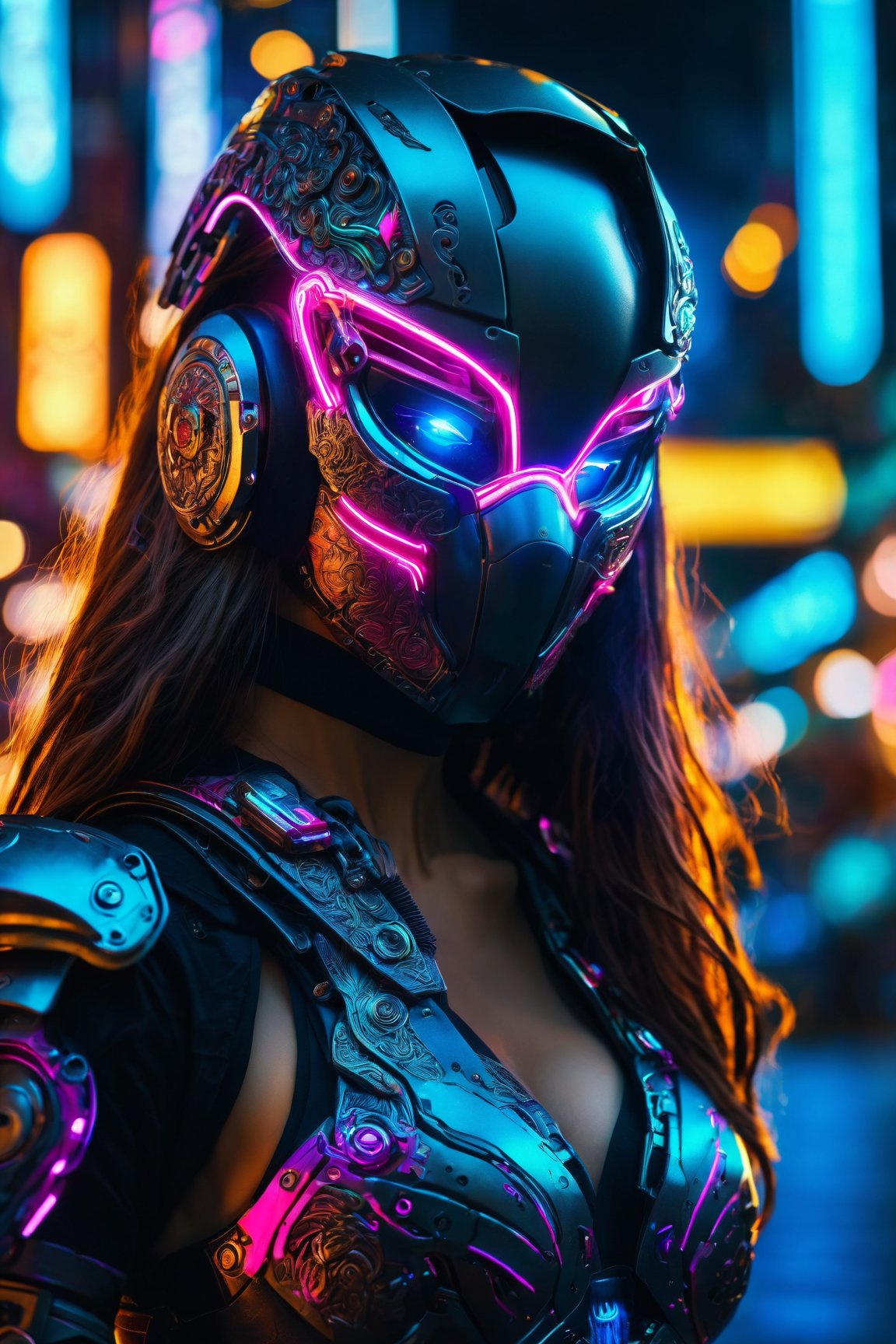beautiful cyberpunk warrior, neon art, backlight, contrast, realistic, 4k, cinematic, night street, eye level pov, closeup, (colorful long hair:1.05), elaborate and intricate, detailed, perfect environment, chest armor, cyberarm, cyberlegs, headwear, mask, , , ral-ledlights
