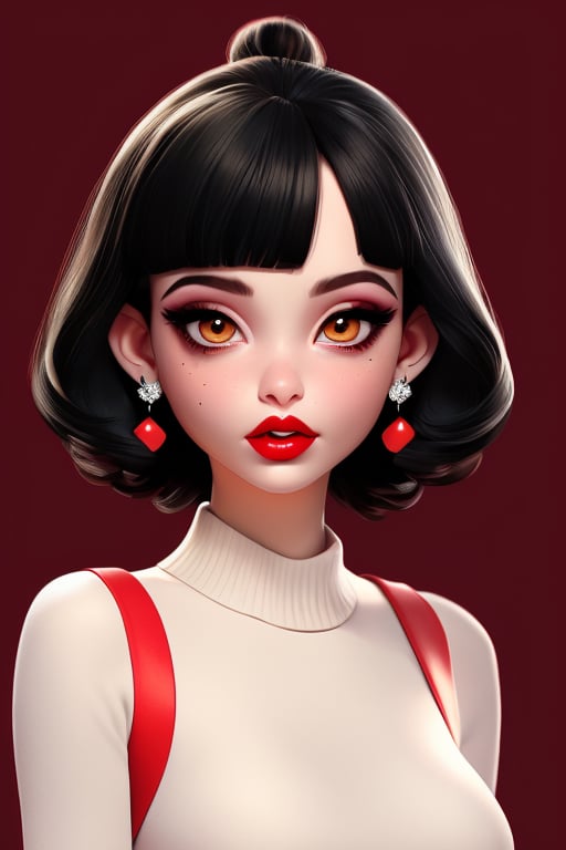 1girl, solo, looking at viewer, short hair, bangs, black hair, jewelry, closed mouth, upper body, earrings, blunt bangs, mole, english text, mole under eye, makeup, lipstick, portrait, eyeshadow, red lips
