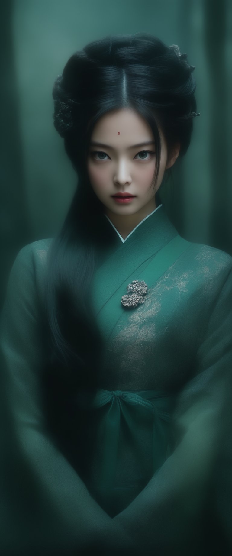 breathtaking  RAW photo of female ((Imagen arafed de una mujer con un vestido verde en un bosque., retrato geisha con flequillo, jingna zhang, heise-lian yan fang, Zhang Daqian, inspirado en Li Mei Shu, palacio , una chica en hanfu, retrato de pintura mate, retrato de Sadako del Anillo, retrato de un mago del bosque, inspirado en Zhou Wenjing

 )), dark and moody style, perfect face, outstretched perfect hands . masterpiece, professional, award-winning, intricate details, ultra high detailed, 64k, dramatic light, volumetric light, dynamic lighting, Epic, splash art .. ), by james jean $, roby dwi antono $, ross tran $. francis bacon $, michal mraz $, adrian ghenie $, petra cortright $, gerhard richter $, takato yamamoto $, ashley wood, tense atmospheric, , , , sooyaaa,IMGFIX,Comic Book-Style,Movie Aesthetic,action shot,photo r3al,bad quality image,oil painting, cinematic moviemaker style,Japan Vibes,H effect,koh_yunjung ,koh_yunjung,kwon-nara,sooyaaa,colorful,bones,skulls,armor,han-hyoju-xl
,DonMn1ghtm4reXL, ct-fujiii,ct-jeniiii